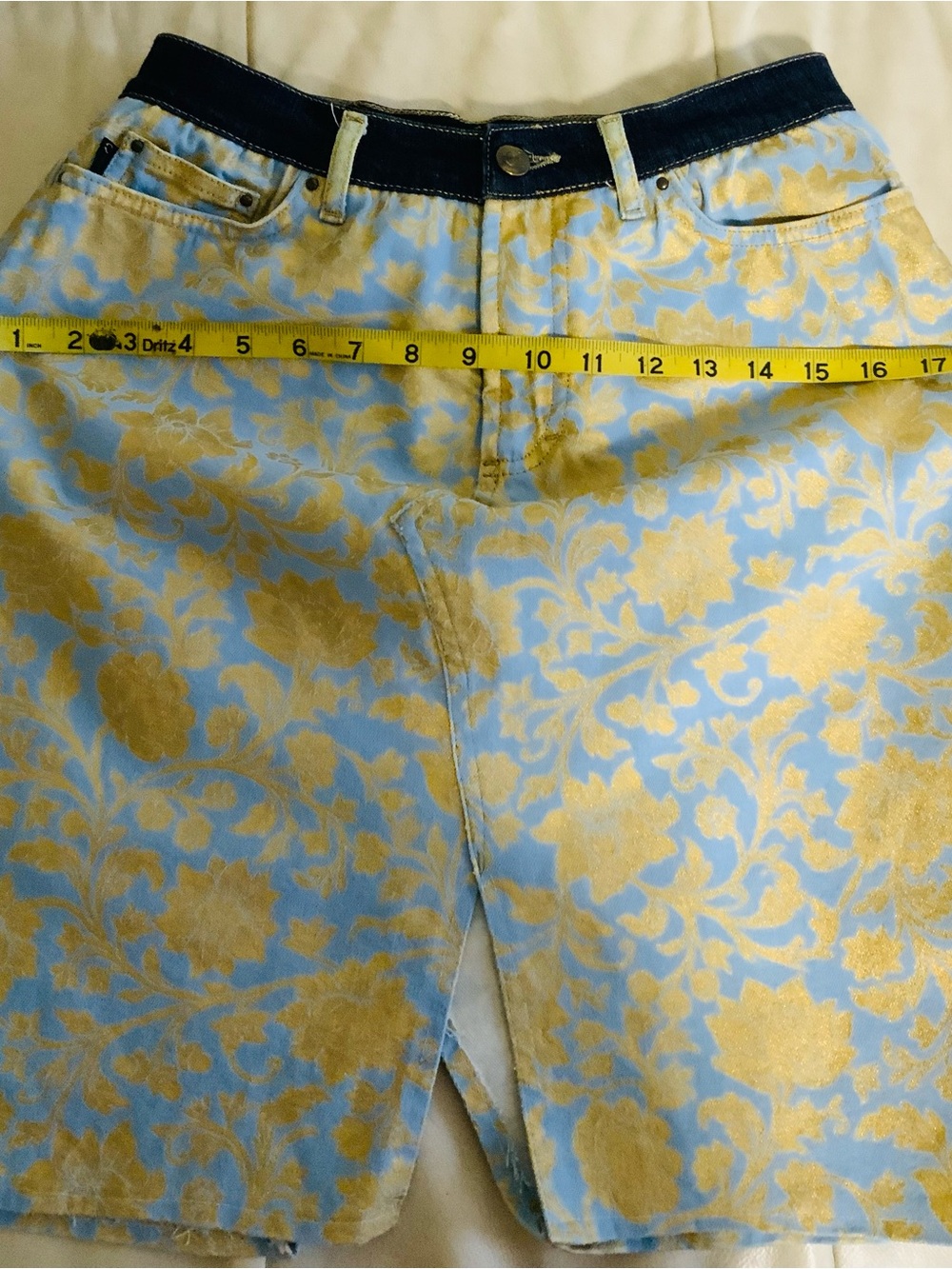 Light Blue & gold Floral A-Line Women's Skirt S 6